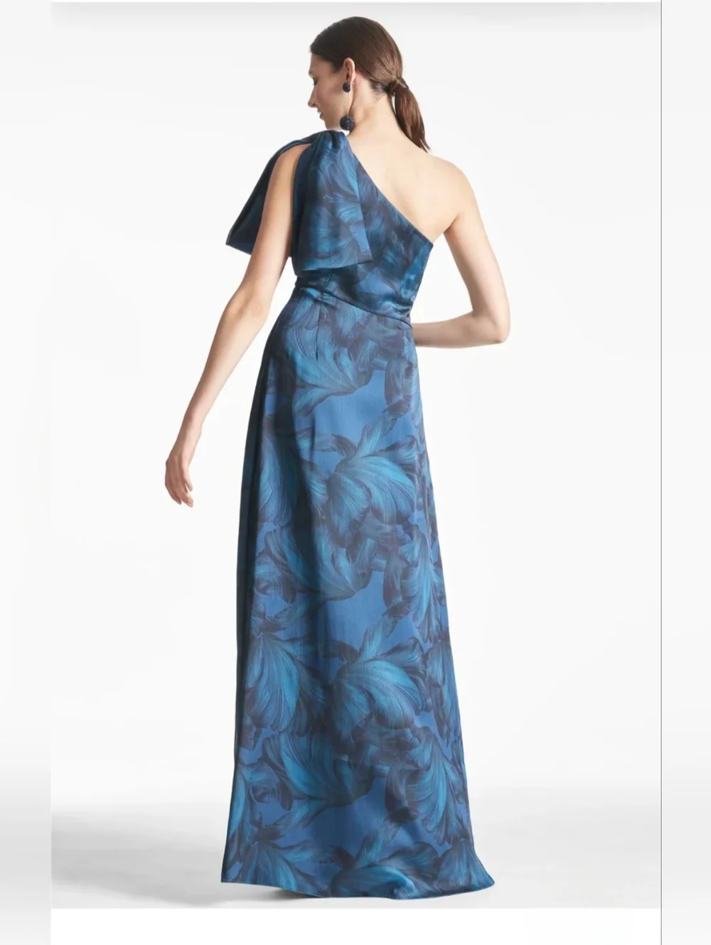 Sachin + Babi Teal and Navy One-Shoulder Floral Gown